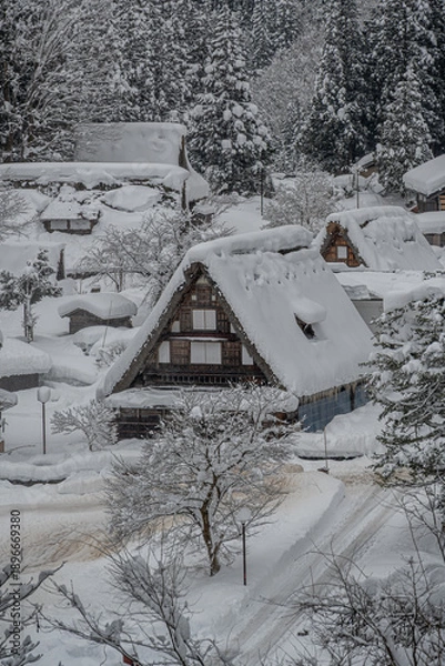 Obraz 越中五箇山相倉合掌造り集落の雪景色