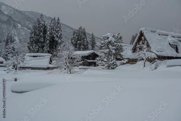 Obraz 越中五箇山相倉合掌造り集落の雪景色