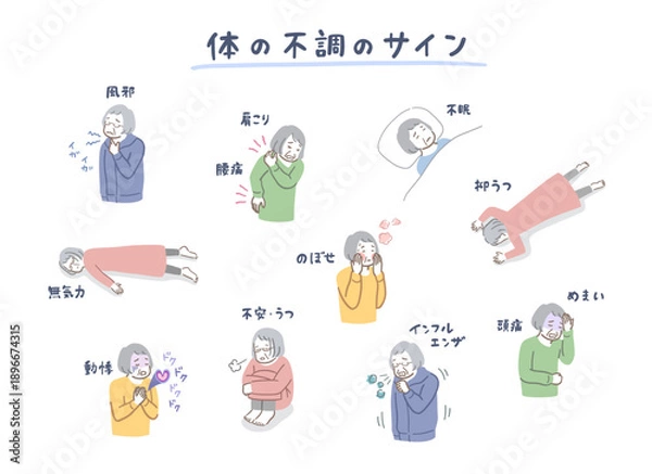 Obraz シニア女性の体の不調サインのイラストセット