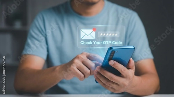 Obraz Man securely accessing information on smartphone with OTP code for authentication