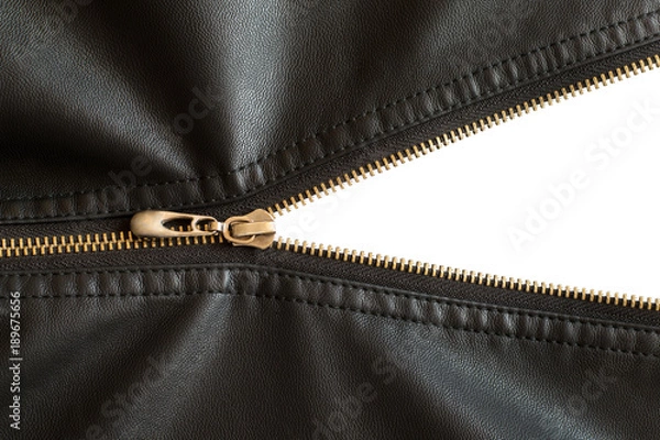 Obraz not fully buttoned metal zipper on a leather jacket