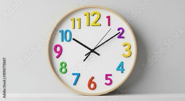 Obraz Colorful Clock Displaying Time on White Wall.