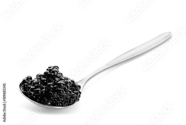 Fototapeta Black caviar in spoon on white background