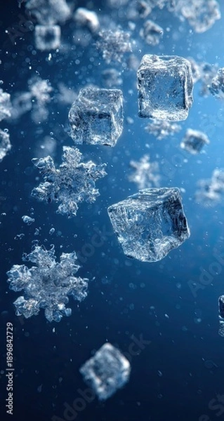 Obraz Cubed and crystalline ice shapes float against a blue gradient backdrop
