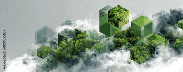 Obraz Digital background with green forest cubes and floating eco technology forms