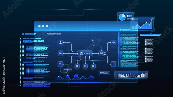 Obraz AI workflow automation artificial intelligence. ai agent automation dashboard with coding, processing, analytics charts and automation system.