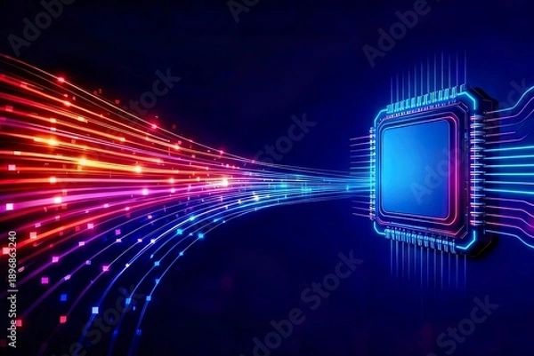 Fototapeta Artificial Intelligence Data Stream with Microchip Technology Background
