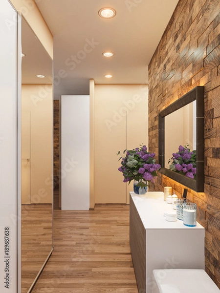 Obraz 3d illustration of the interior design of an apartment in Scandinavian style. Architectural visualization of the interior hallway in warm colors. 