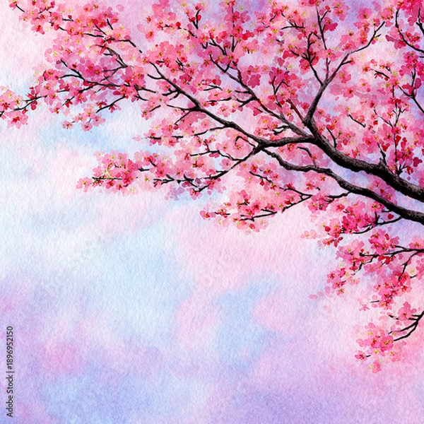 Obraz 水彩調の桜の花と空