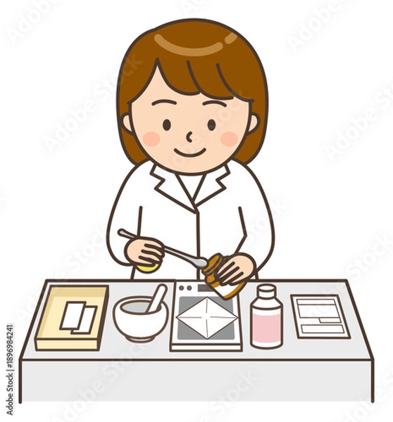 Obraz 散剤の秤量をしている調剤中の若い女性薬剤師のイラスト