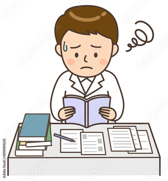 Obraz 困った顔で本を読んでいるデスクワーク中の男性医師