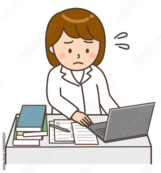 Obraz パソコンの前で困っているデスクワーク中の女性医師