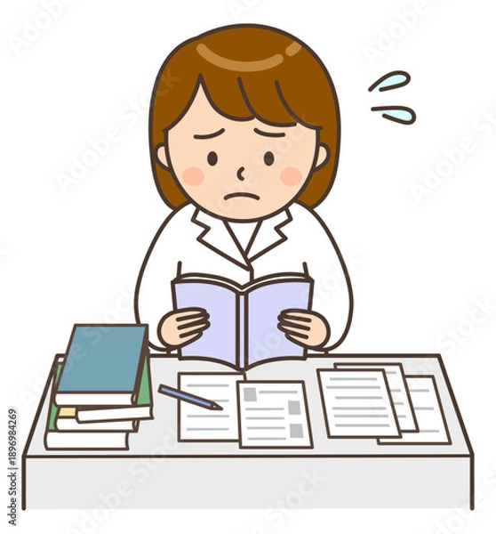 Obraz 困った顔で本を読んでいるデスクワーク中の女性医師