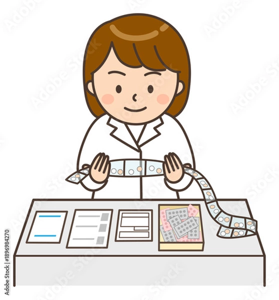 Obraz 調剤された薬を鑑査する若い女性薬剤師