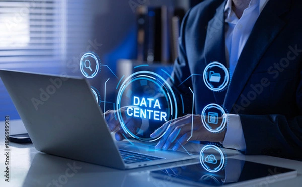 Obraz Businessman managing data center with digital interface