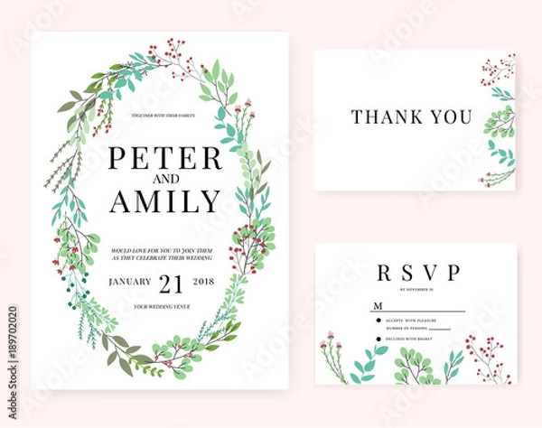 Obraz wedding invitation card with flower template pink set