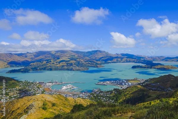 Fototapeta Beautiful view of Lyttelton Port and Harbour from the Christchurch Gondola Station  at the top of the Port Hills, Christchurch, Canterbury, New Zealand.