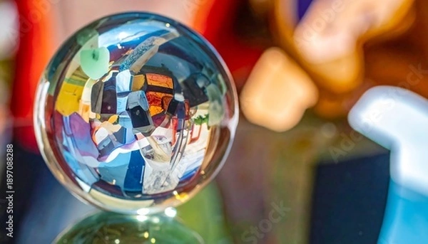 Obraz Crystal Ball Reflecting Colorful Objects in a Store.
