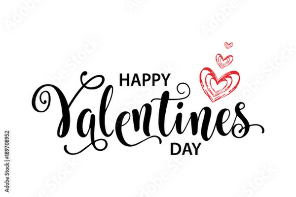 Fototapeta Happy Valentines Day card. Beautiful greeting typography poster handwritten, calligraphy inscription black text word, red heart. Design modern lettering brush, isolated white background vector.