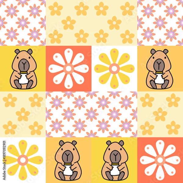Fototapeta Cute Capybara and Flower Patchwork Seamless Pattern Illustration