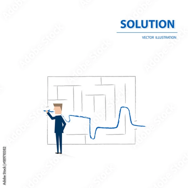 Fototapeta Business solution and success concept vector symbol with businessman drawing line through maze. Vector illustration.