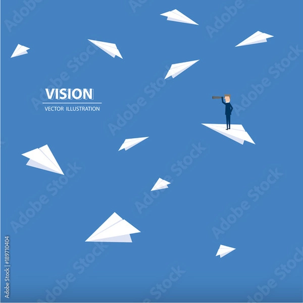 Fototapeta Businessman with monocular on a paper rocket. Business concept of leadership, vision, mission or ambitions. Vector illustration.