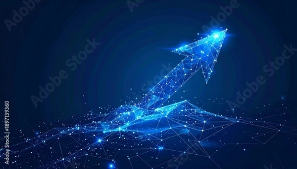 Obraz Abstract Blue Arrow Ascending with Digital Network Particles.