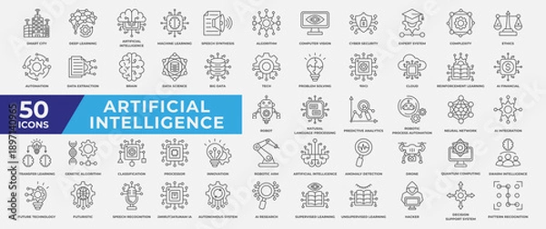 Obraz Artificial Intelligence Icon Set Line Style Vector Illustration. Containing icon smart city, machine learning, algorithm, cyber security, automation, big data, brain and innovation.
