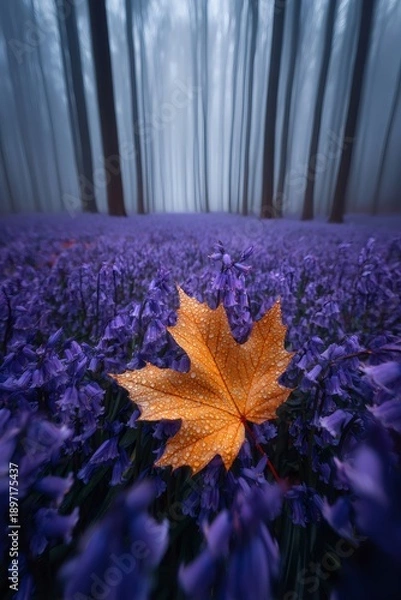 Obraz Maple leaf with dew drops in bluebell forest