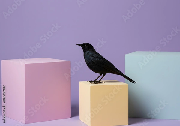 Obraz Black bird on pastel cubes