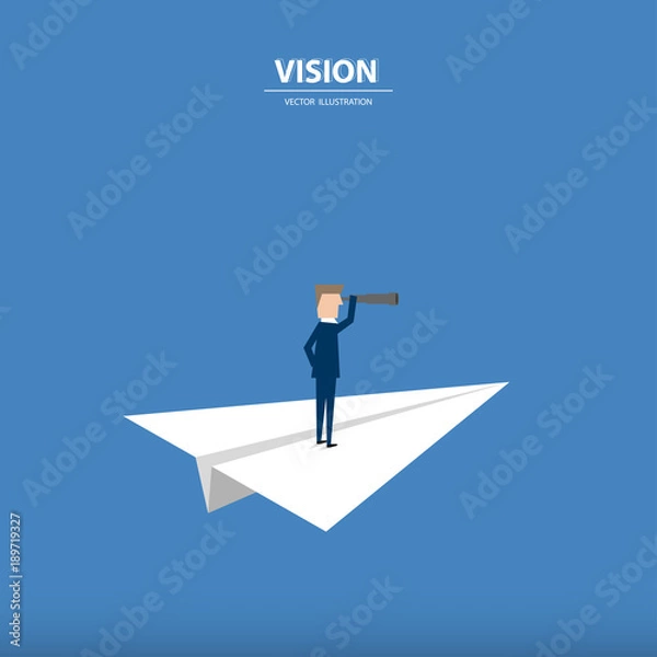Fototapeta Businessman with monocular on a paper rocket. Business concept of leadership, vision, mission or ambitions. Vector illustration.