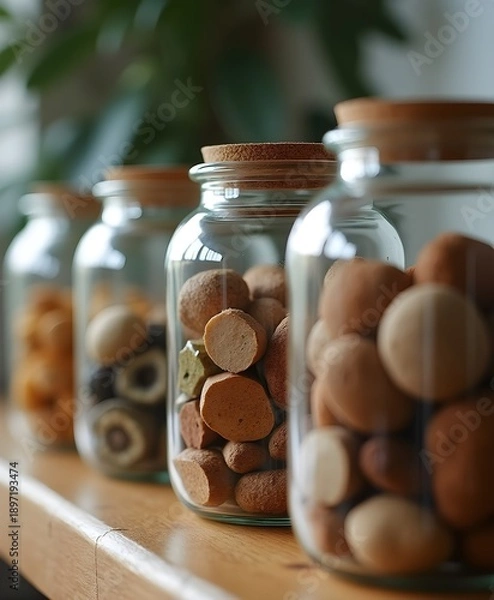 Obraz Identical Glass Jars Filled with Objects from Different Decades