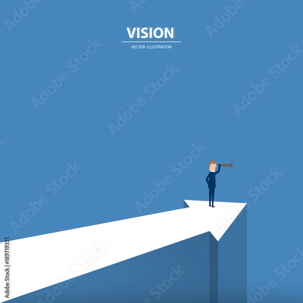 Fototapeta A businessman with monocular looking forward on the progressive arrow. Business concept of leadership, vision, mission or ambitions. Vector illustration.