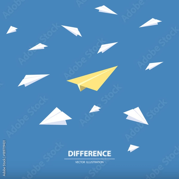 Fototapeta A different paper rocket flying out from others. Business concept of talent, leadership, teamwork, creativity and recruitment. Vector illustration.