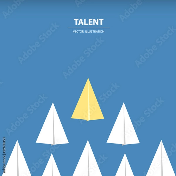 Fototapeta A different paper rocket flying out from others. Business concept of talent, leadership, teamwork, creativity and recruitment. Vector illustration.