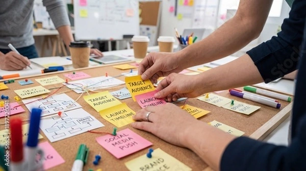 Obraz Collaborative strategy planning session modern office space visual brainstorming creative environment close-up perspective team dynamics