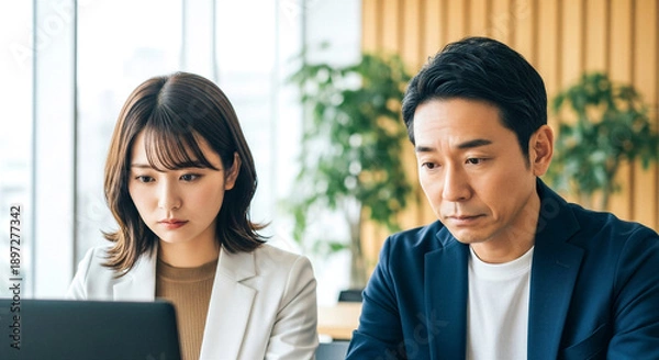 Obraz パソコンを前に真剣に悩むビジネスパーソンの男女 集中して作業する会社員 課題解決 オフィス シーン