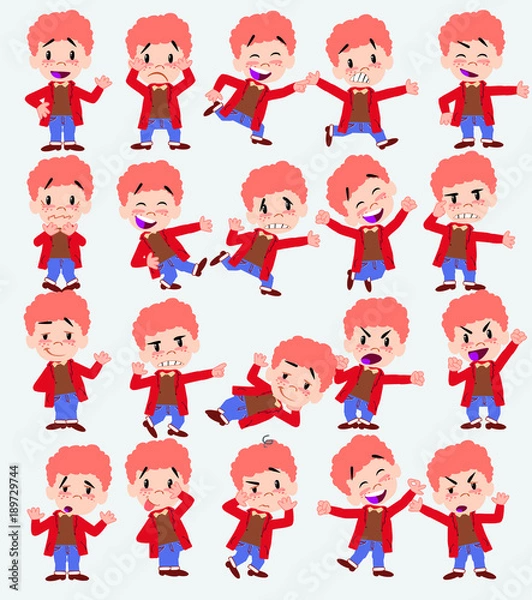 Fototapeta Cartoon character white boy in jeans. Set with different postures, attitudes and poses, doing different activities in isolated vector illustrations.