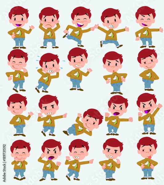 Obraz Cartoon character white boy with a unicorn pullover. Set with different postures, attitudes and poses, doing different activities in isolated vector illustrations.