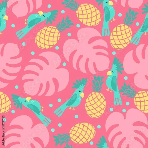 Fototapeta Summer seamless vector pattern in tropical parrots and pineapples