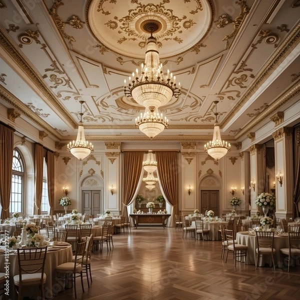Fototapeta 샹들리에와 화려한 장식이 있는 우아한 무도회장, 공식 행사 준비 완료