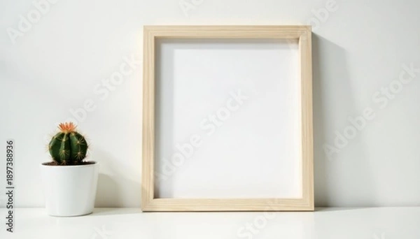 Obraz Empty frame mockup, white desk, small cactus, bright backdrop, scene, succulent