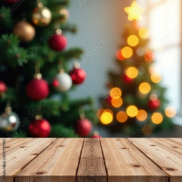 Obraz Empty wooden tabletop, bokeh Christmas tree backdrop, tabletop, rustic, blank