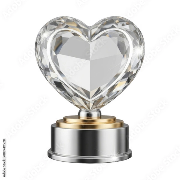 Obraz Crystal Heart Trophy with Silver Base on Transparent Background