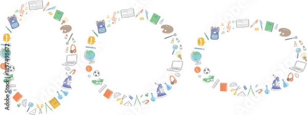 Fototapeta 学校生活の文房具や学用品　イラストの丸フレームセット