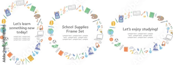Fototapeta 学校生活の文房具や学用品　イラストの丸フレームセット