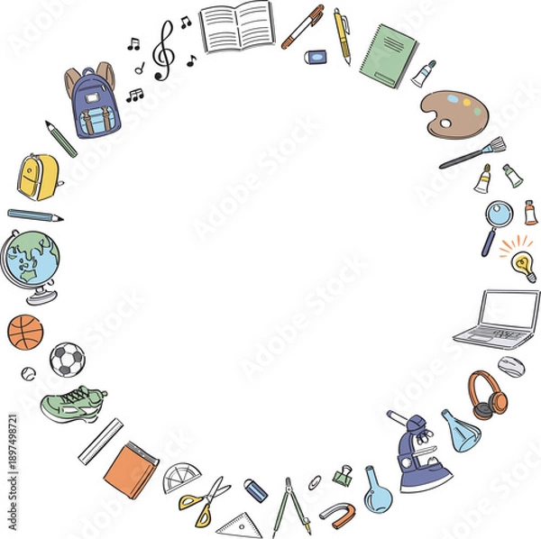 Fototapeta 学校生活の文房具や学用品　線画イラストの丸フレーム