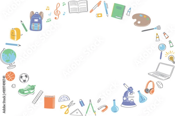Fototapeta 学校生活の文房具や学用品　イラストの丸フレーム　横長