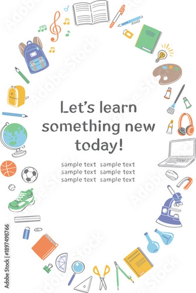 Fototapeta 学校生活の文房具や学用品　イラストの丸フレーム　縦長