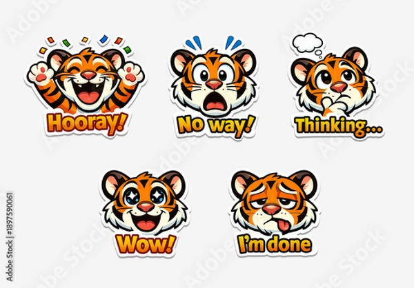 Obraz Cute Tiger Emoji Sticker Set Layout
